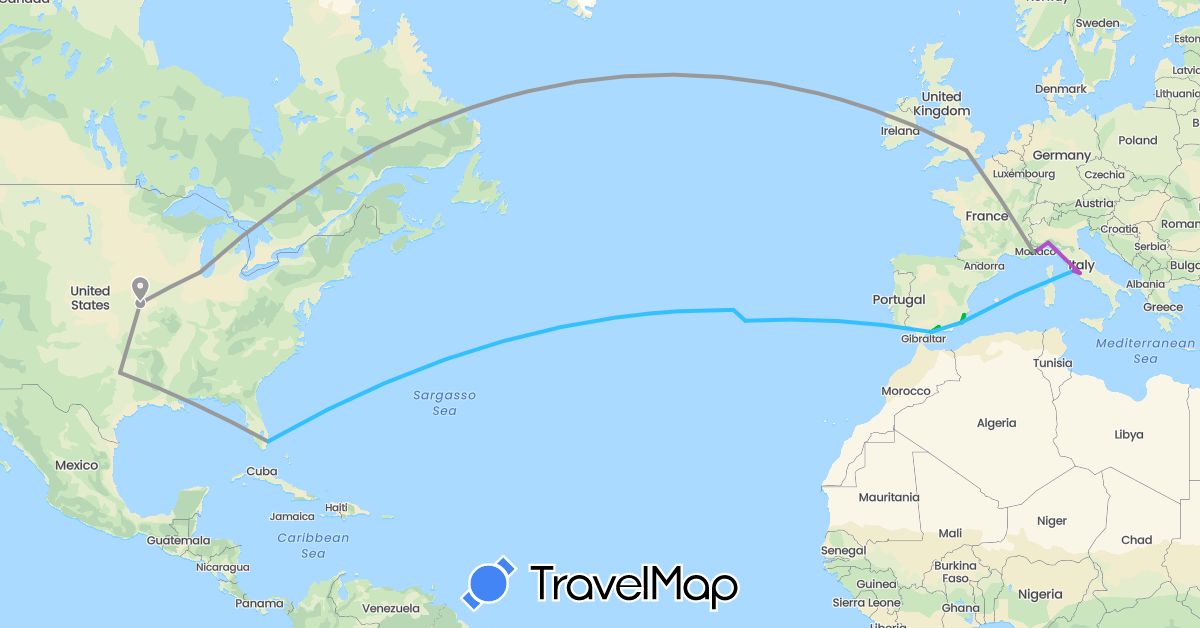 TravelMap itinerary: driving, bus, plane, train, hiking, boat, motorbike in Spain, France, United Kingdom, Italy, Monaco, Portugal, United States (Europe, North America)