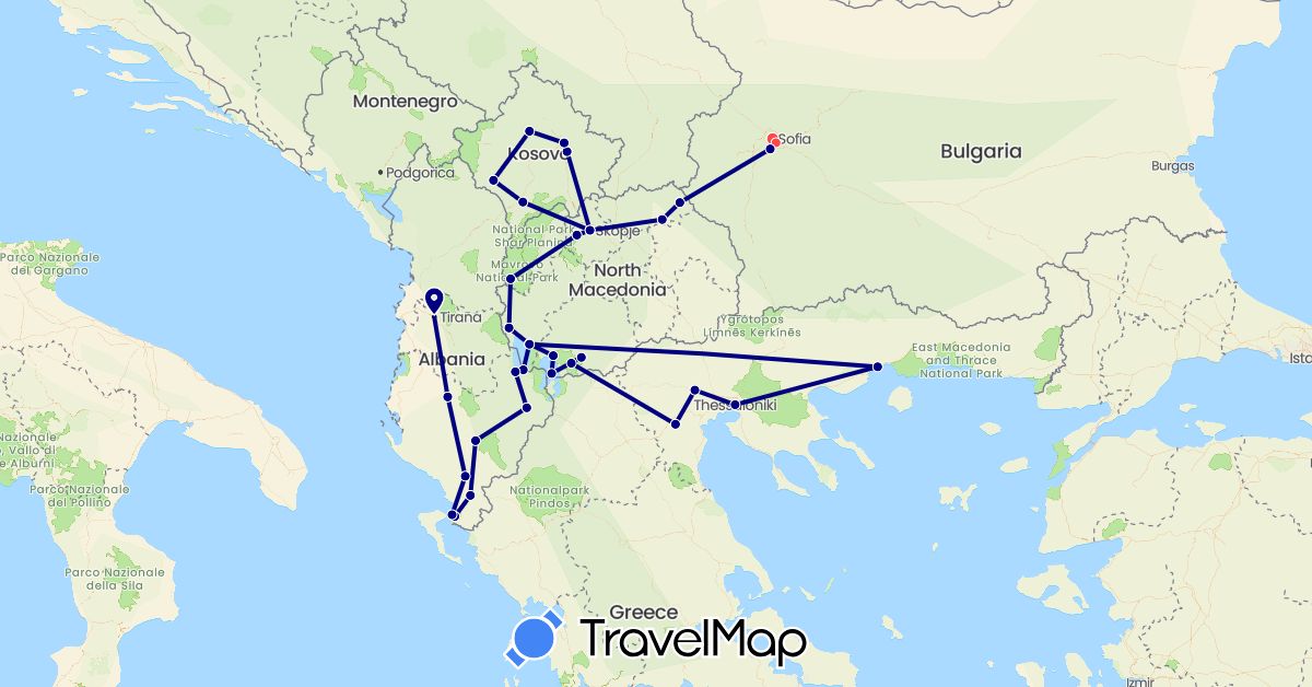 TravelMap itinerary: driving, hiking in Albania, Bulgaria, Greece, Macedonia, Kosovo (Europe)